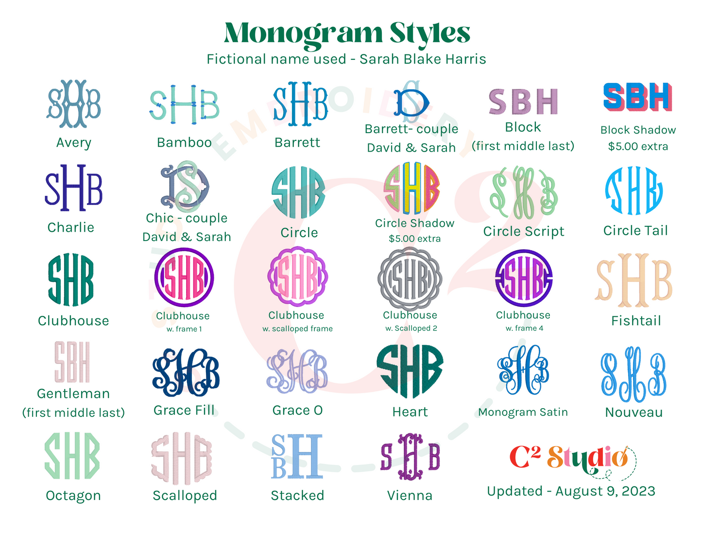Monogram Styles including Avery, Bamboo, Barrett, Barrett-couple, Block, Block Shadow, Charlie, Chic-couple, Circle, Circle Shadow, Circle Script, Circle Tail, Clubhouse, Clubhouse w. frame 1, Clubhouse w. scalloped frame, Clubhouse w. scalloped 2, Clubhouse w. frame 4, Fishtail, Gentleman, Grace Fill, Grace O, Heart, Monogram Satin, Nouveau, Octagon, Scalloped, Stacked, and Vienna