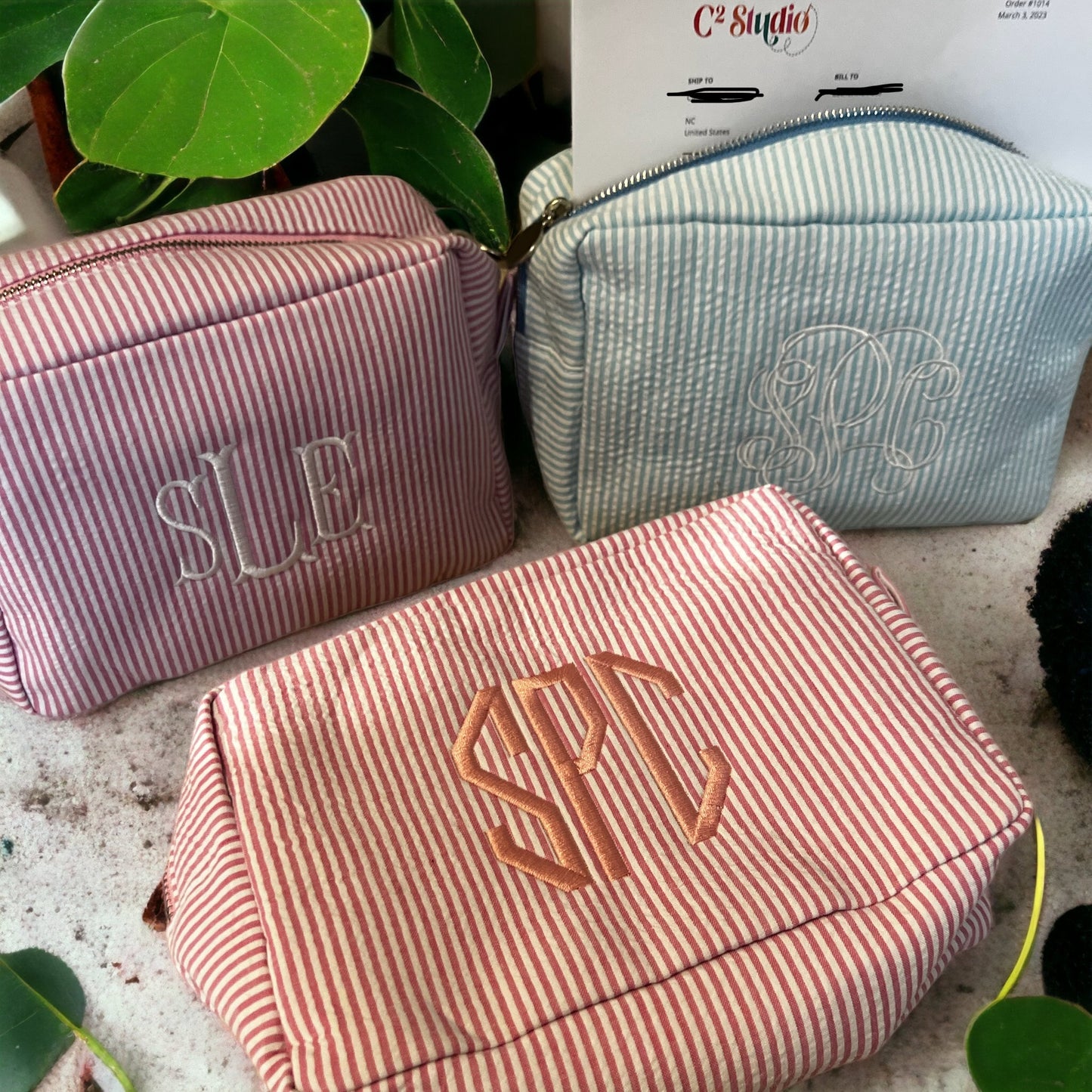 Personalized Seersucker Toiletry Bag – Monogrammed Travel Pouch