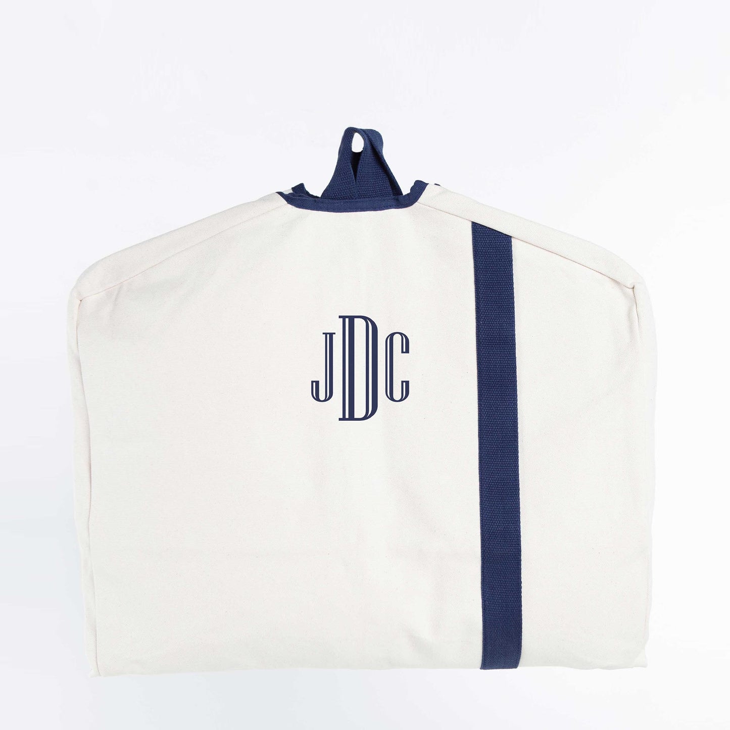 White and Navy Custom Embroidered Heavy Duty Garment Bag with "JDC" monogram