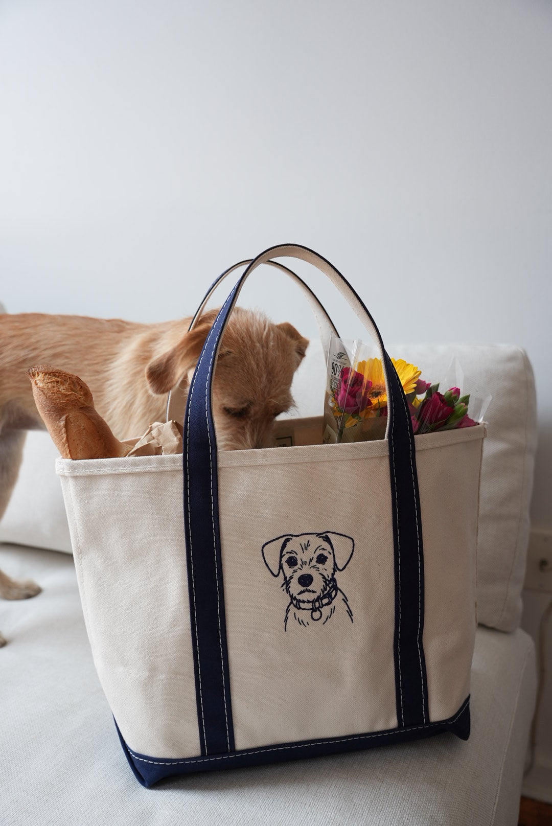Dog peering into a white tote bag with navy straps and an embroidered dog portrait