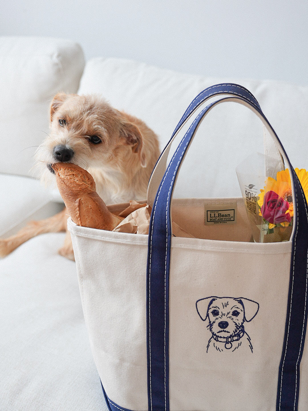 Dog portrait embroidery on a white tote bag with navy straps
