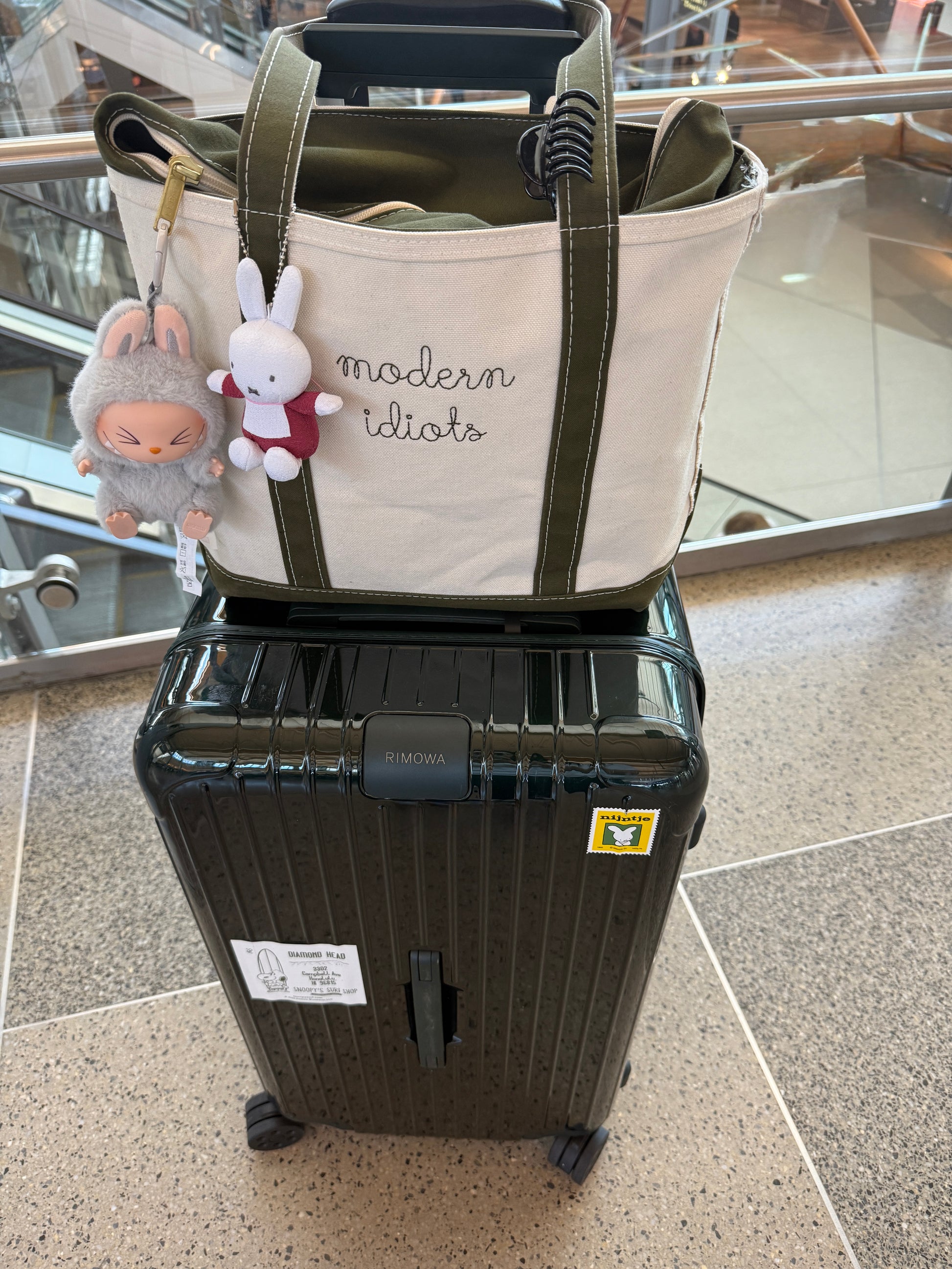 A white and olive green tote bag with embroidered text labelled 'modern idiots', placed on top of a black suitcase.