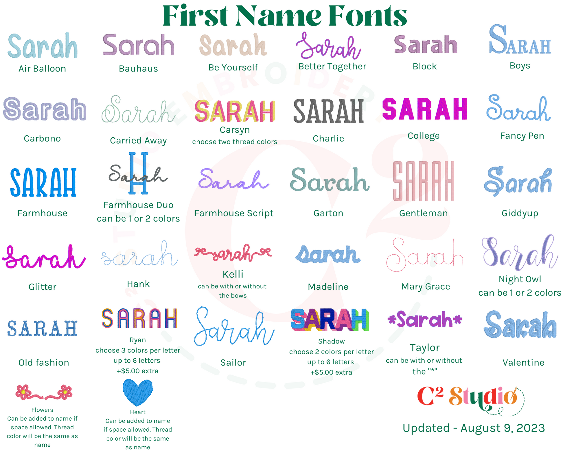 First Name Fonts including Air Balloon, Bauhaus, Be Yourself, Better Together, Block, Boys, Carbono, Carried Away, Carsyn, Charlie, College, Fancy Pen, Farmhouse, Farmhouse Duo, Farmhouse Script, Garton, Gentleman, Giddyup, Glitter, Hank, Kelli, Madeline, Mary Grace, Night Owl, Old fashion, Ryan, Sailor, Shadow, Taylor, Valentine, Flowers, and Heart