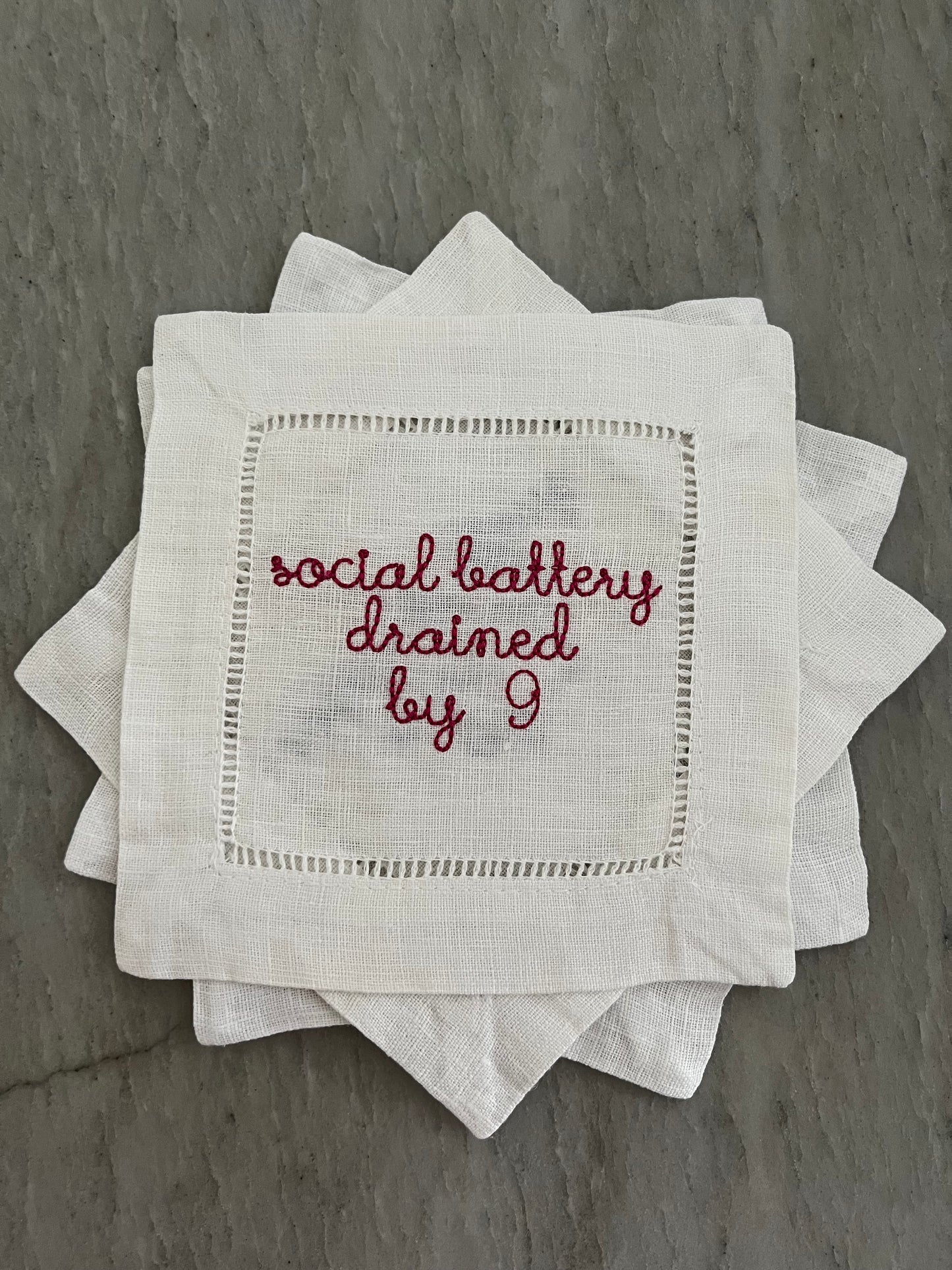 100% Linen Hemstitched Cocktail Napkin with 'Social Battery Drained by 9' Embroidery – Stylish Home Decor | set of 4 | Free Shipping