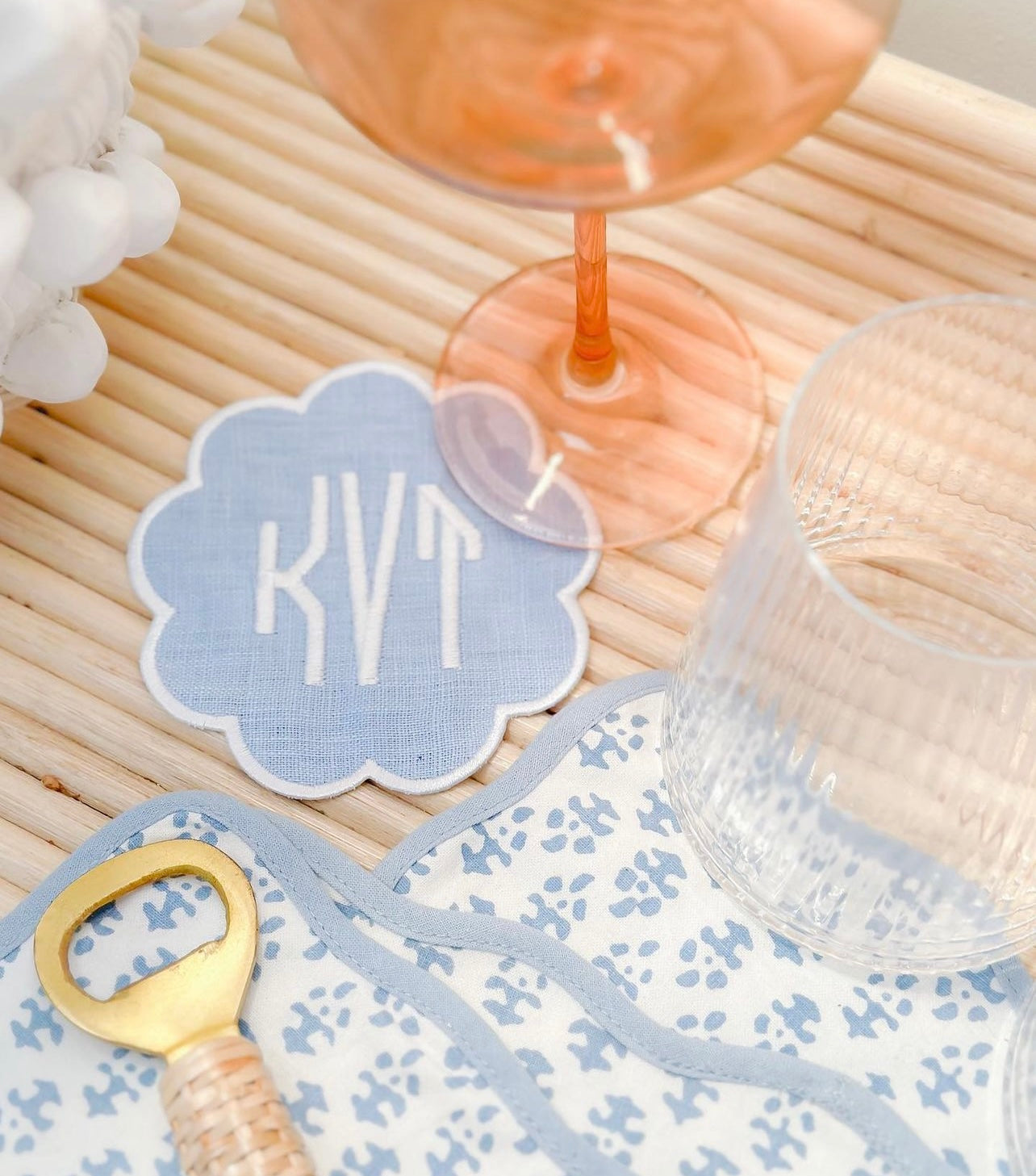 Embroidered Monogrammed Linen Scalloped Edge Cocktail Napkins/Coasters (Set of 4) | Free Shipping