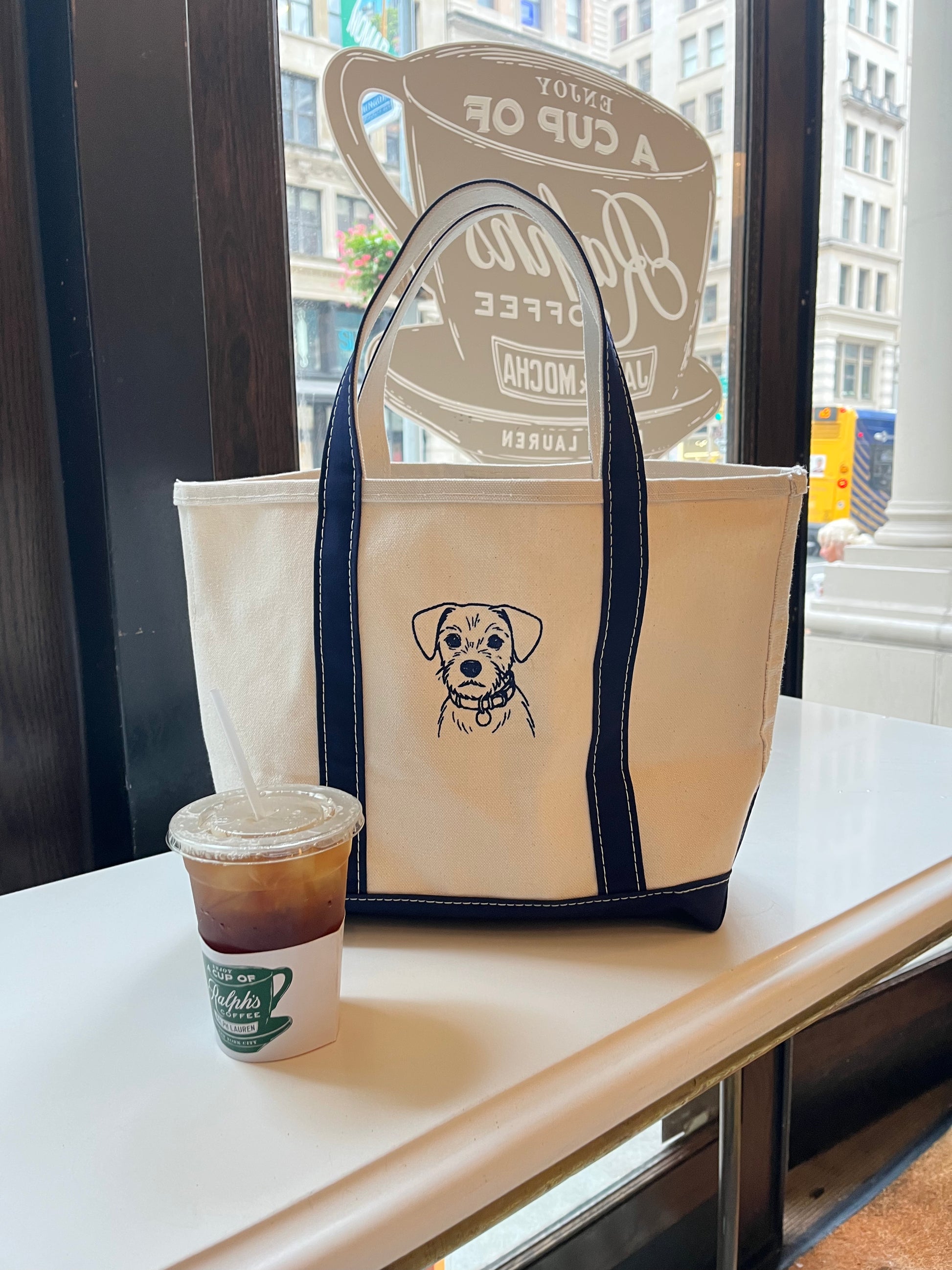 Custom embroidered tote with dog portrait, navy handles