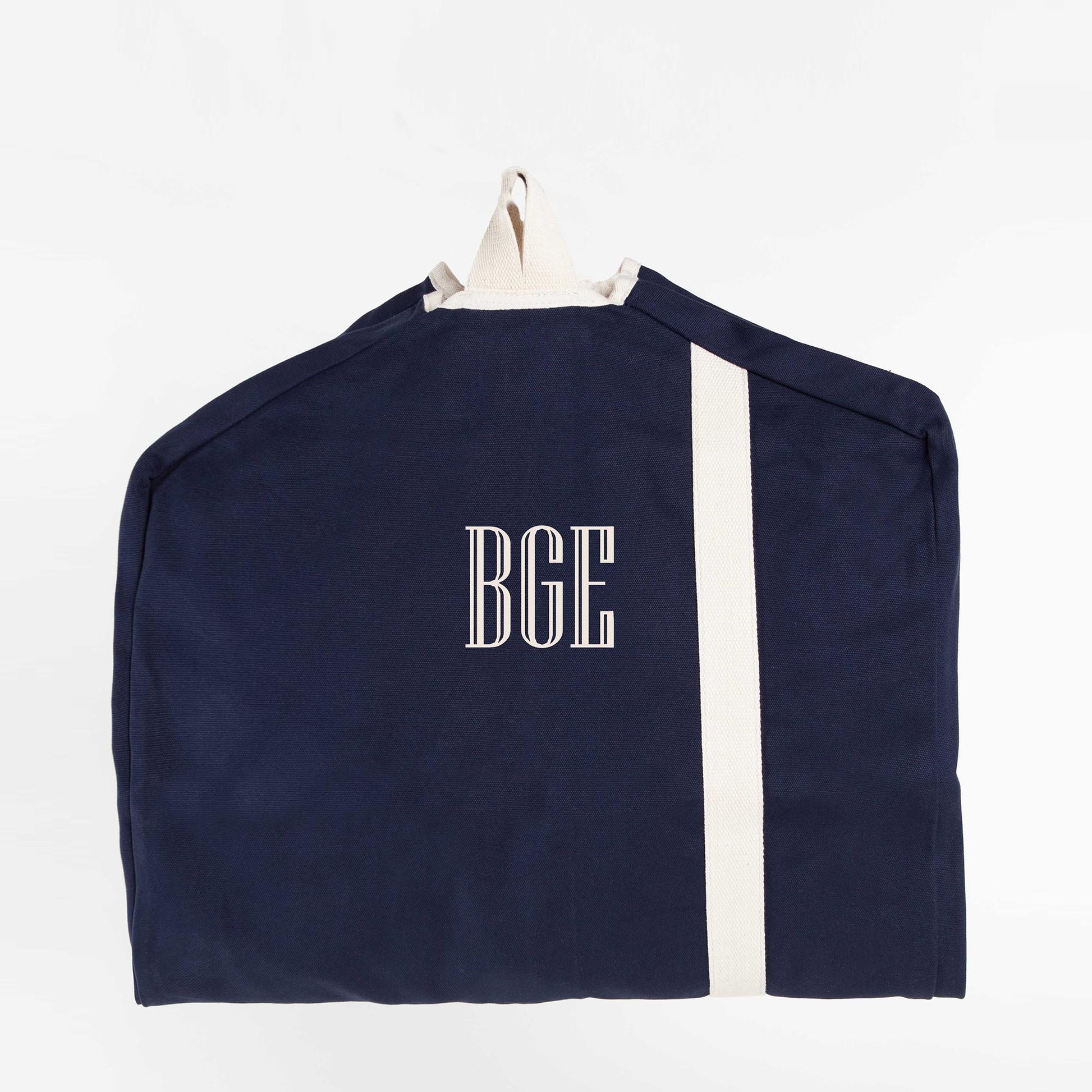 Navy Blue and White Custom Heavy Duty Garment Bag with embroidered "BGE" monogram