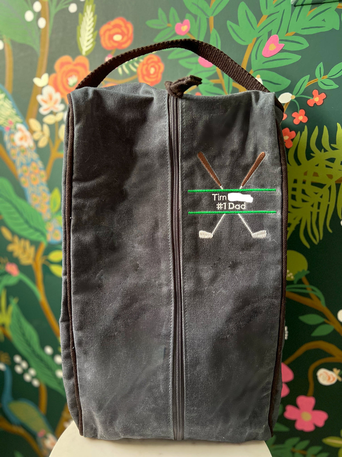 Personalized Waxed Black Canvas Golf Shoe Bag with embroidered "Tim #1 Dad" text