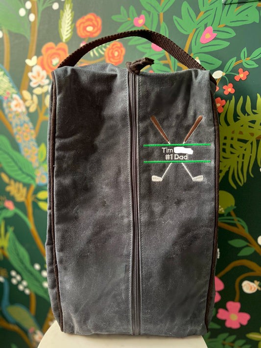 Personalized Waxed Black Canvas Golf Shoe Bag with embroidered "Tim #1 Dad" text