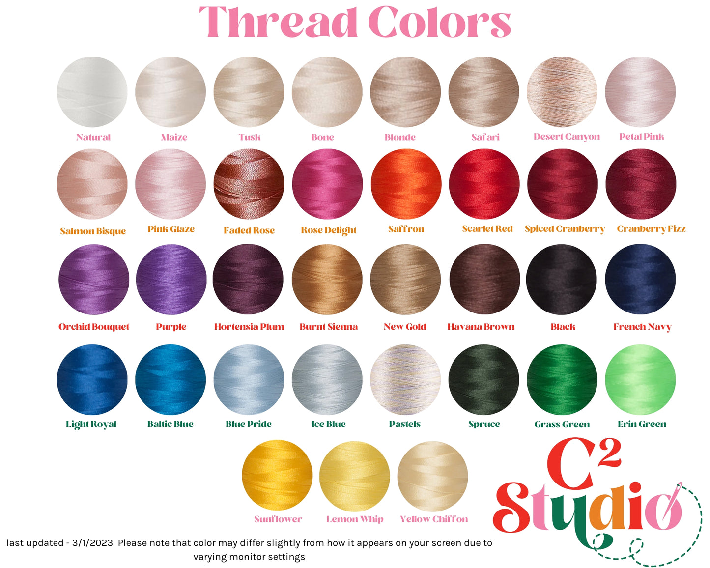 Color chart for thread colors including: Natural, Maize, Tusk, Bone, Blonde, Safari, Desert Canyon, Petal Pink, Salmon Bisque, Pink Glaze, Faded Rose, Rose Delight, Saffron, Scarlet Red, Spiced Cranberry, Cranberry Fizz, Orchid Bouquet, Purple, Hortensia Plum, Burnt Sienna, New Gold, Havana Brown, Black, French Navy, Light Royal, Baltic Blue, Blue Pride, Ice Blue, Pastels, Spruce, Grass Green, Erin Green, Sunflower, Lemon Whip, and Yellow Chiffon.