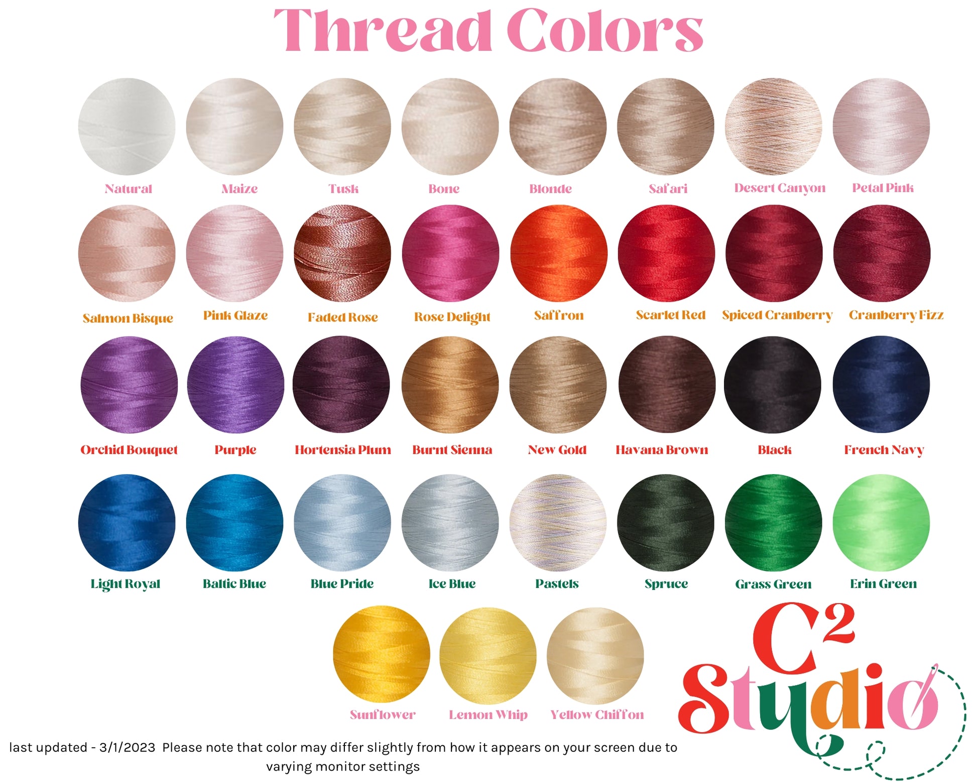 Color chart for thread colors including: Natural, Maize, Tusk, Bone, Blonde, Safari, Desert Canyon, Petal Pink, Salmon Bisque, Pink Glaze, Faded Rose, Rose Delight, Saffron, Scarlet Red, Spiced Cranberry, Cranberry Fizz, Orchid Bouquet, Purple, Hortensia Plum, Burnt Sienna, New Gold, Havana Brown, Black, French Navy, Light Royal, Baltic Blue, Blue Pride, Ice Blue, Pastels, Spruce, Grass Green, Erin Green, Sunflower, Lemon Whip, and Yellow Chiffon.