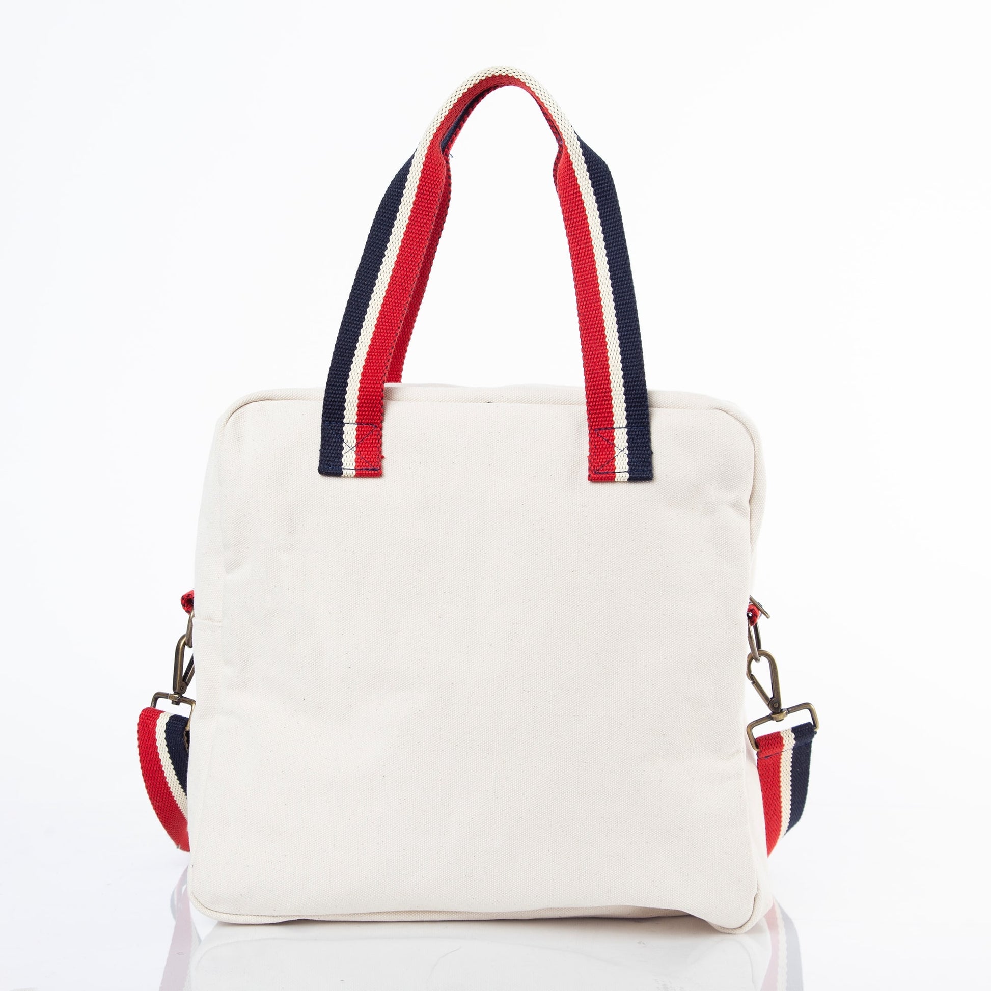 Front view of Beige Pickleball Bag with Red and Navy Striped Handles