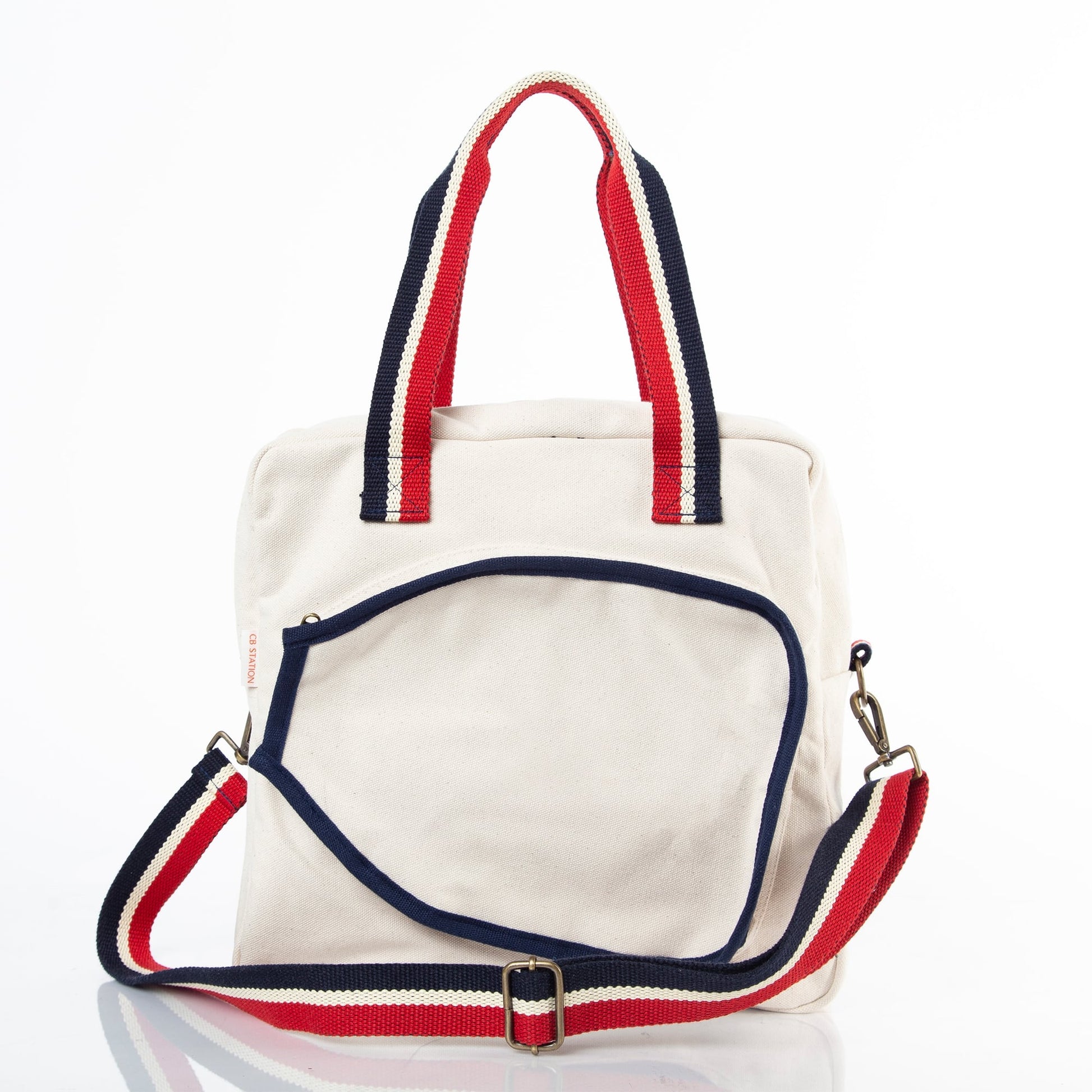 Front view of Beige Pickleball Bag with Red and Navy Striped Handles
