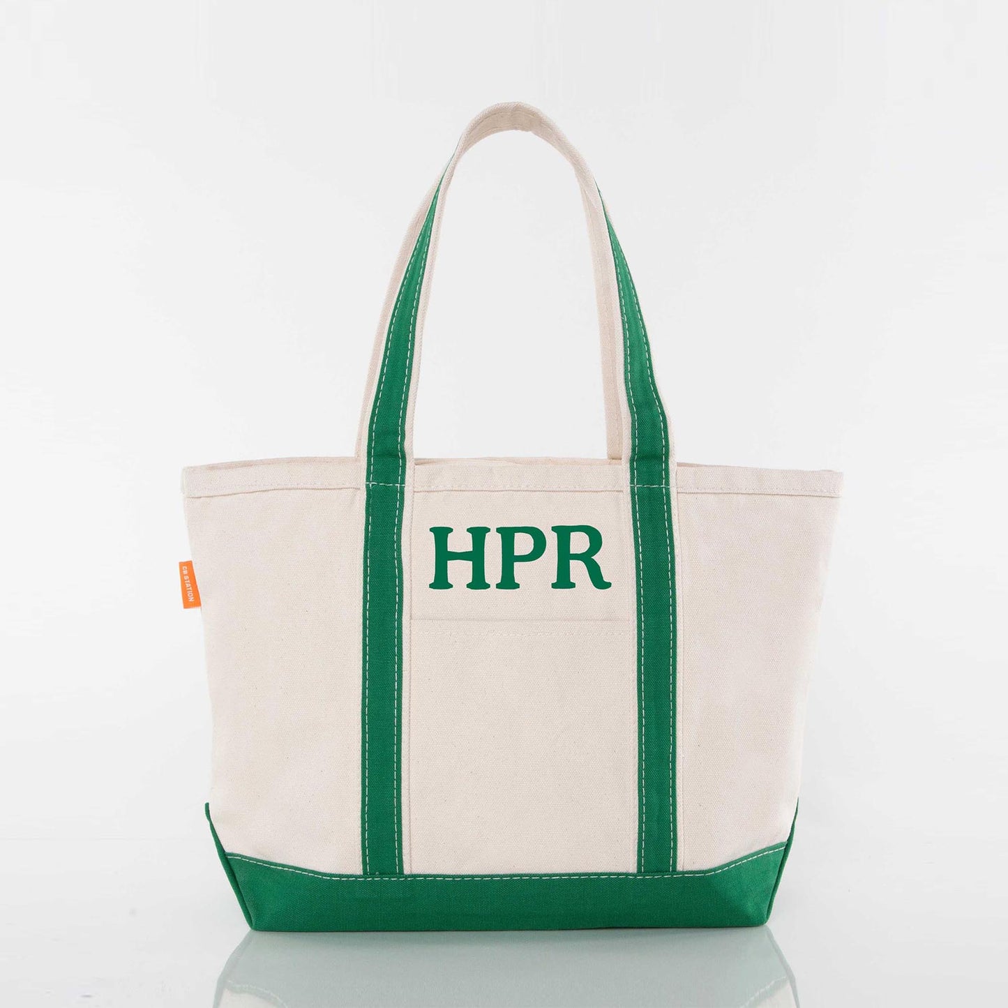 Green and Beige classic medium canvas tote with embroidered "HPR" monogram