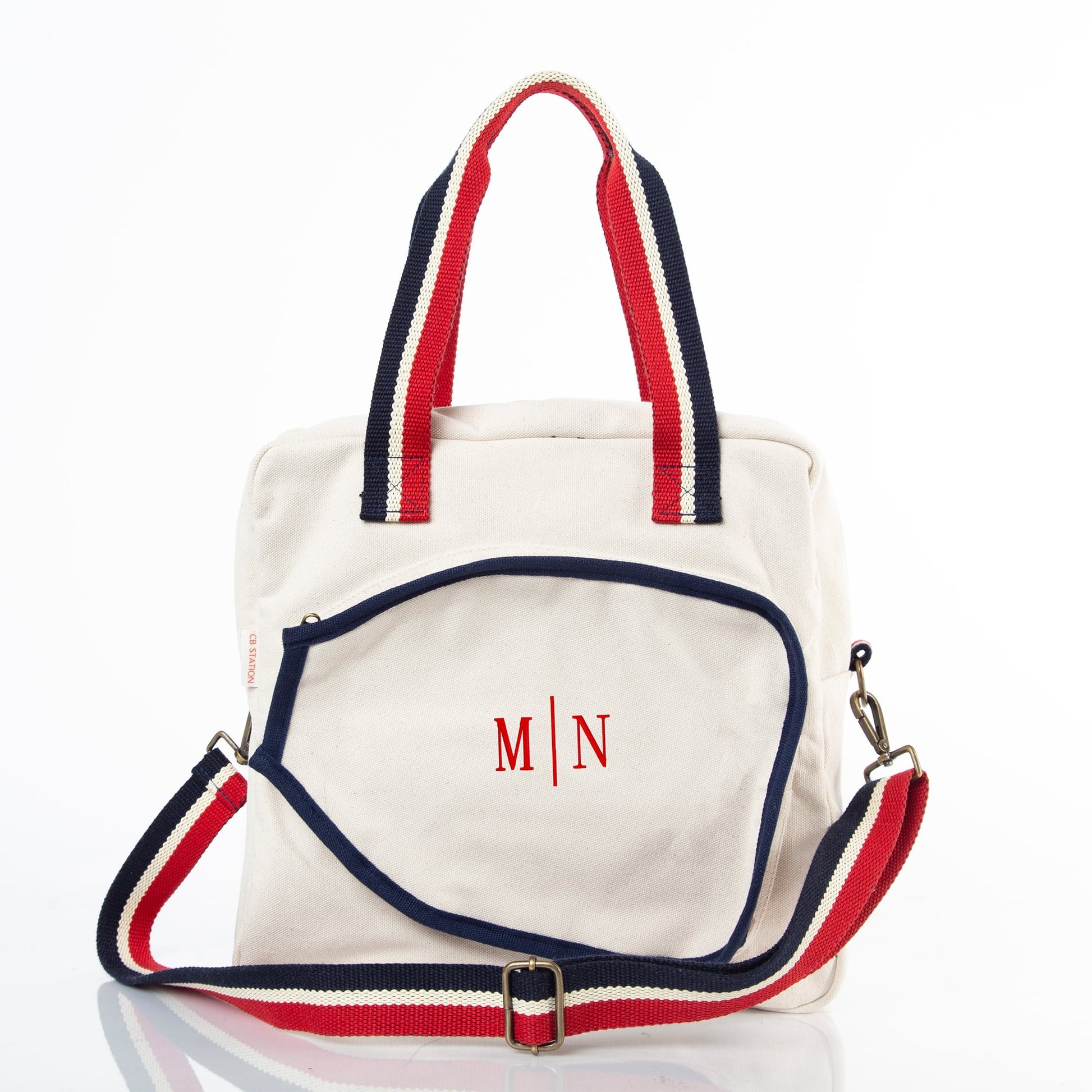 Beige Pickleball Bag with Red and Navy Striped Handles and embroidered "MN" letters