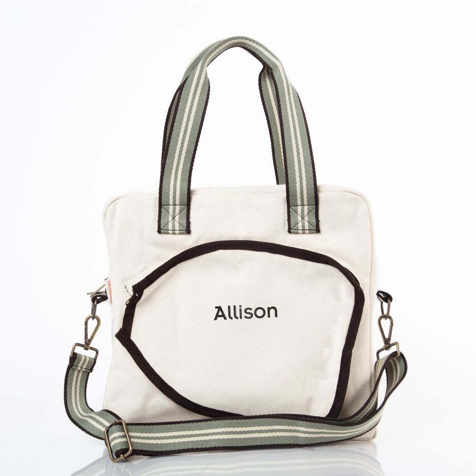 Beige Pickleball Bag with Green Handles and embroidered "Allison" monogram