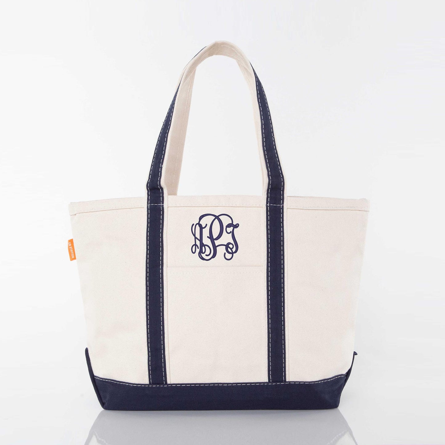 Navy Blue and Beige classic medium canvas tote with embroidered cursive monogram