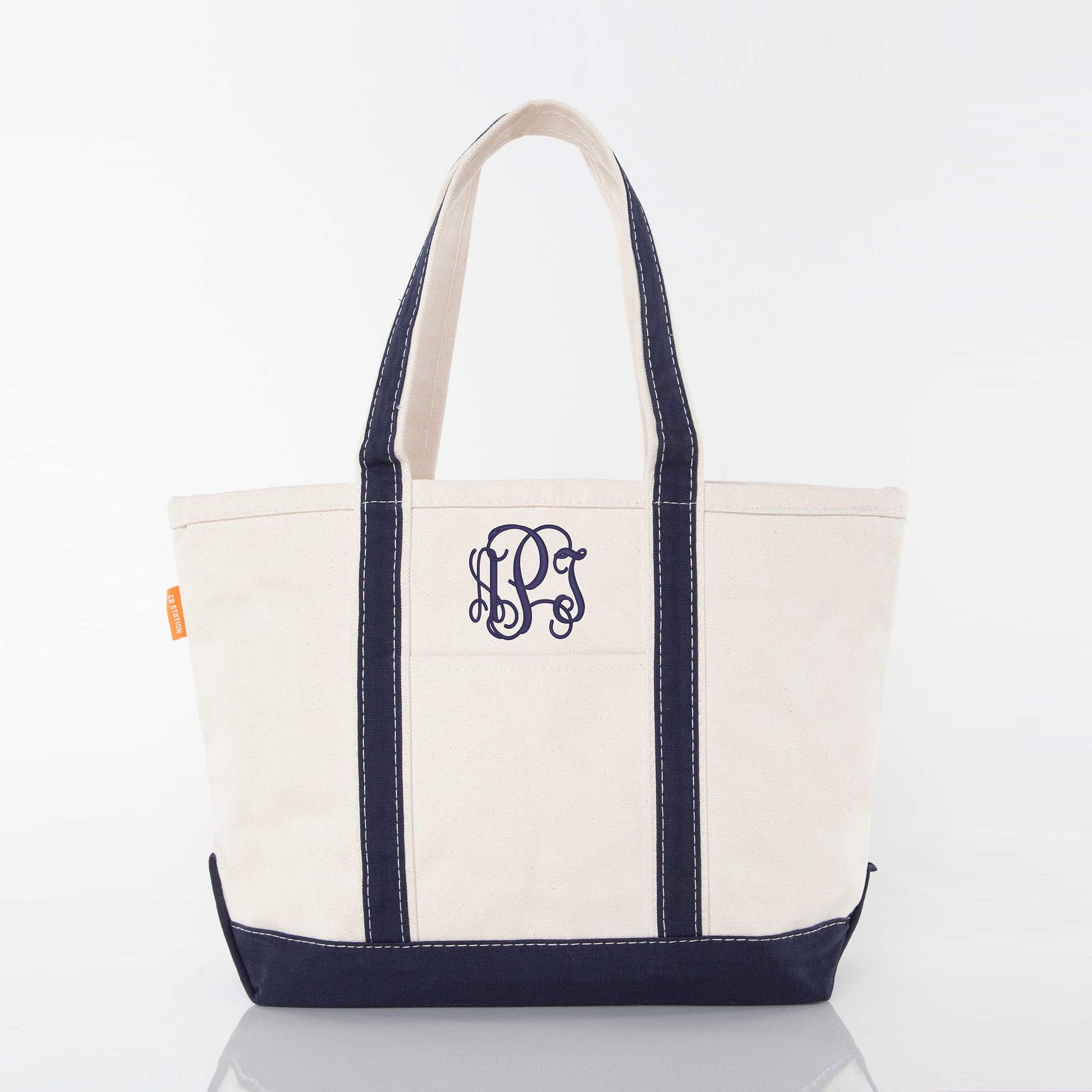 Navy Blue and Beige classic medium canvas tote with embroidered cursive monogram