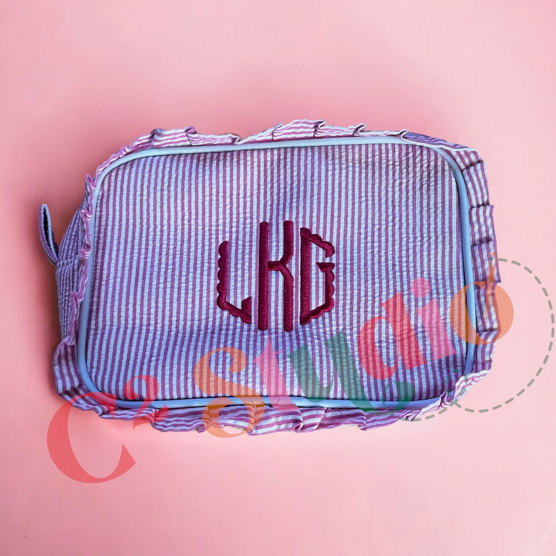 Personalized Makeup Bag with stripes and embroidered "LKG" monogram